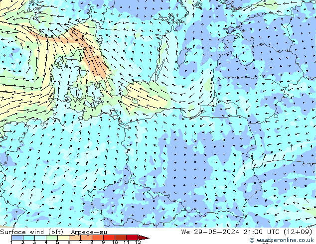 Rüzgar 10 m (bft) Arpege-eu Çar 29.05.2024 21 UTC