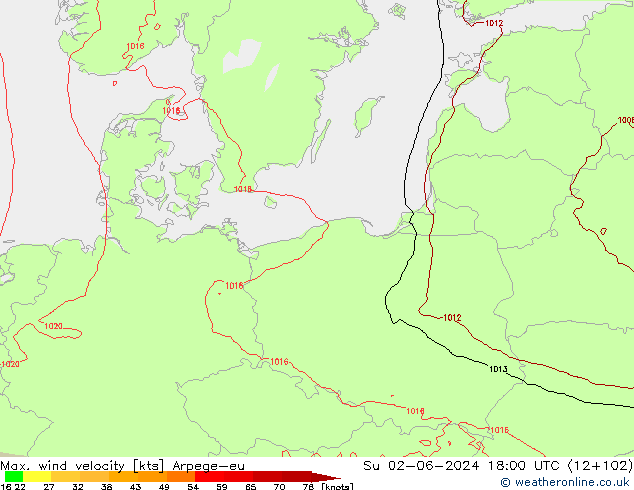 Max. wind velocity Arpege-eu Su 02.06.2024 18 UTC