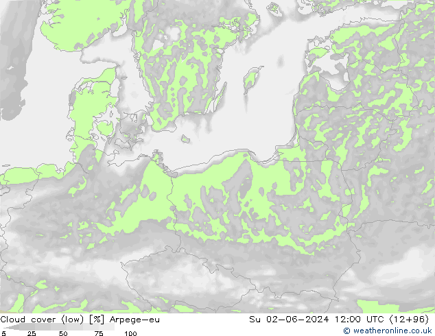 Cloud cover (low) Arpege-eu Su 02.06.2024 12 UTC