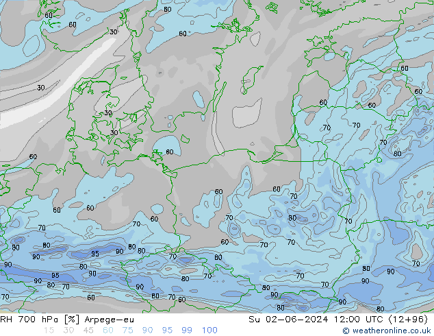 Humidité rel. 700 hPa Arpege-eu dim 02.06.2024 12 UTC