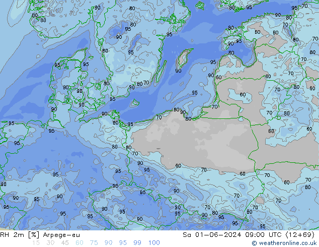 RH 2m Arpege-eu Sáb 01.06.2024 09 UTC