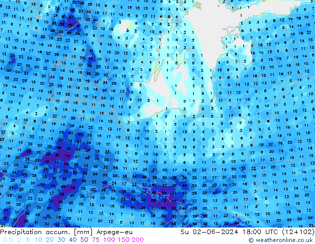 Precipitation accum. Arpege-eu Su 02.06.2024 18 UTC