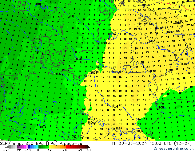 SLP/Temp. 850 hPa Arpege-eu  30.05.2024 15 UTC