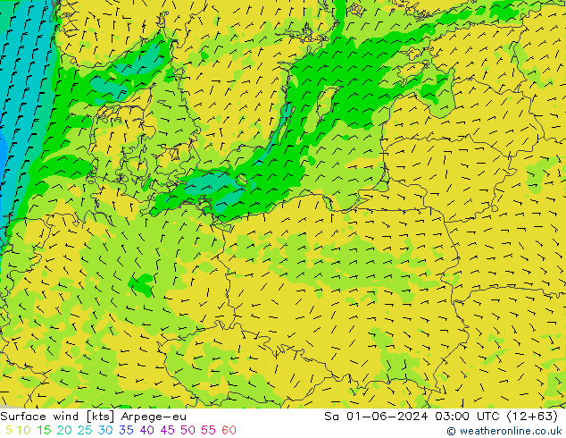 Vento 10 m Arpege-eu Sáb 01.06.2024 03 UTC