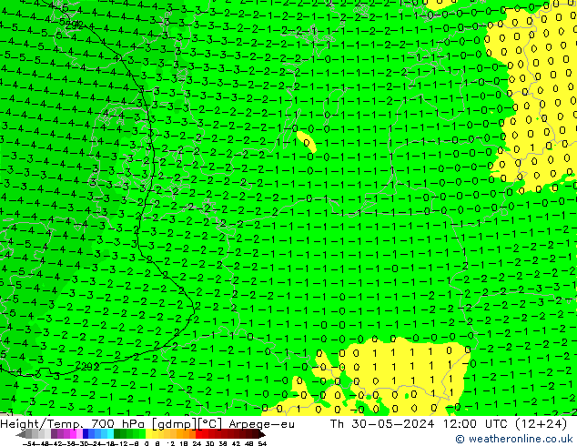 Height/Temp. 700 hPa Arpege-eu Čt 30.05.2024 12 UTC