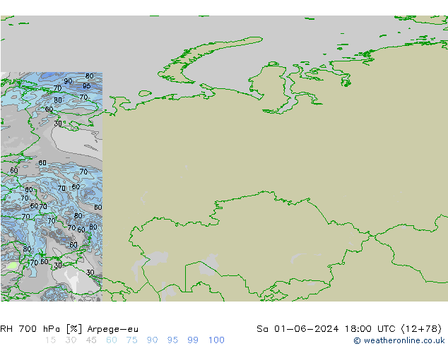 Humedad rel. 700hPa Arpege-eu sáb 01.06.2024 18 UTC