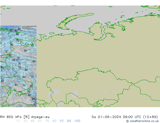 RH 850 гПа Arpege-eu сб 01.06.2024 09 UTC