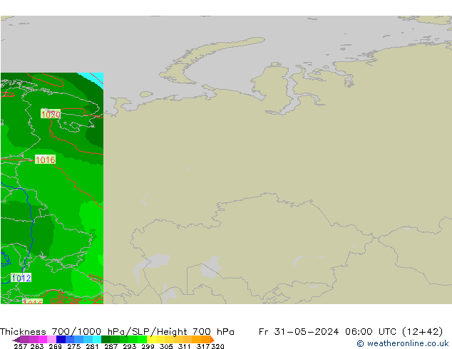 Espesor 700-1000 hPa Arpege-eu vie 31.05.2024 06 UTC