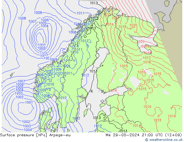 Pressione al suolo Arpege-eu mer 29.05.2024 21 UTC