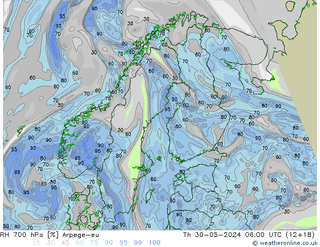 Humedad rel. 700hPa Arpege-eu jue 30.05.2024 06 UTC