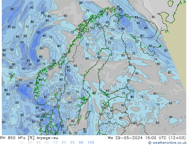 Humidité rel. 850 hPa Arpege-eu mer 29.05.2024 15 UTC