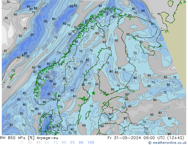 RH 850 hPa Arpege-eu Pá 31.05.2024 06 UTC