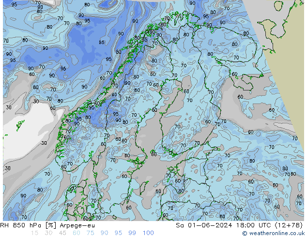 Humedad rel. 850hPa Arpege-eu sáb 01.06.2024 18 UTC