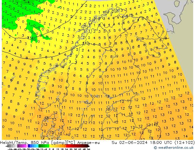 Géop./Temp. 850 hPa Arpege-eu dim 02.06.2024 18 UTC