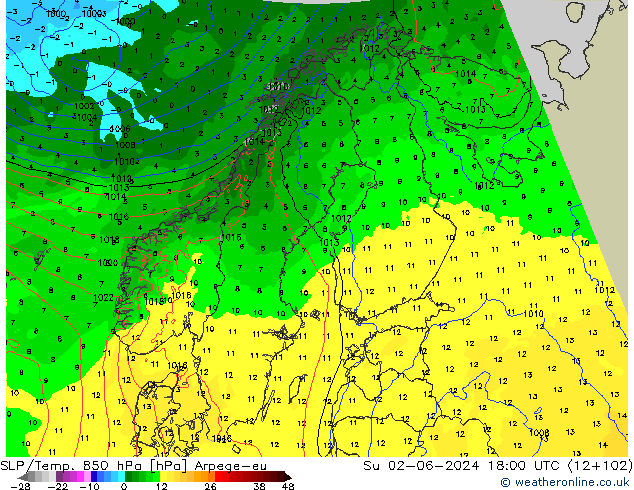 SLP/Temp. 850 hPa Arpege-eu nie. 02.06.2024 18 UTC