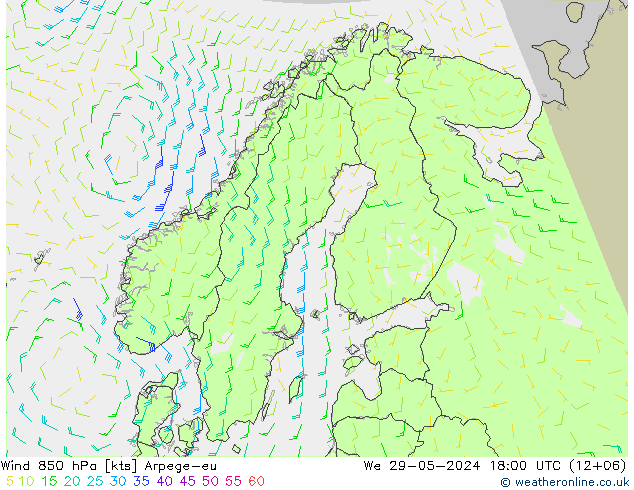 Vento 850 hPa Arpege-eu mer 29.05.2024 18 UTC