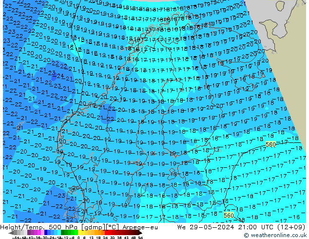 Geop./Temp. 500 hPa Arpege-eu mié 29.05.2024 21 UTC