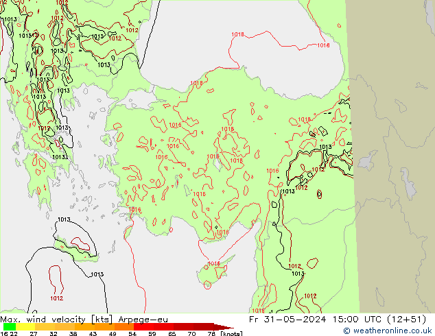 Max. wind velocity Arpege-eu Pá 31.05.2024 15 UTC