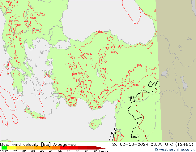 Max. wind velocity Arpege-eu Ne 02.06.2024 06 UTC