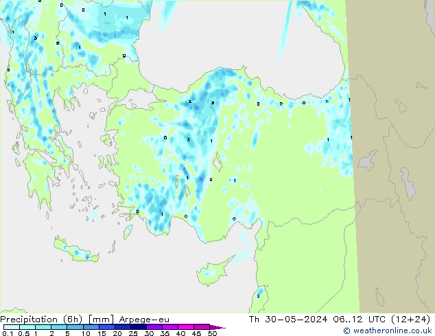 Precipitación (6h) Arpege-eu jue 30.05.2024 12 UTC