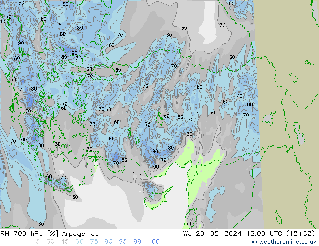 RH 700 гПа Arpege-eu ср 29.05.2024 15 UTC