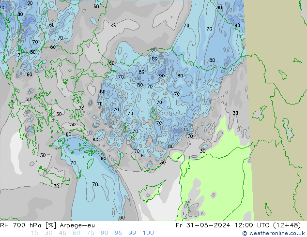 RH 700 hPa Arpege-eu Fr 31.05.2024 12 UTC