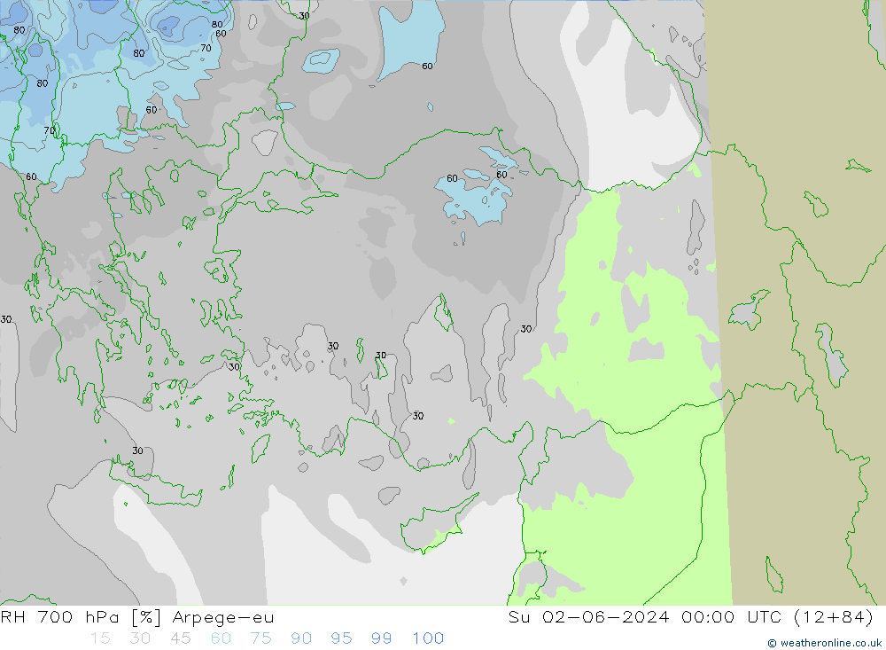 RH 700 hPa Arpege-eu So 02.06.2024 00 UTC