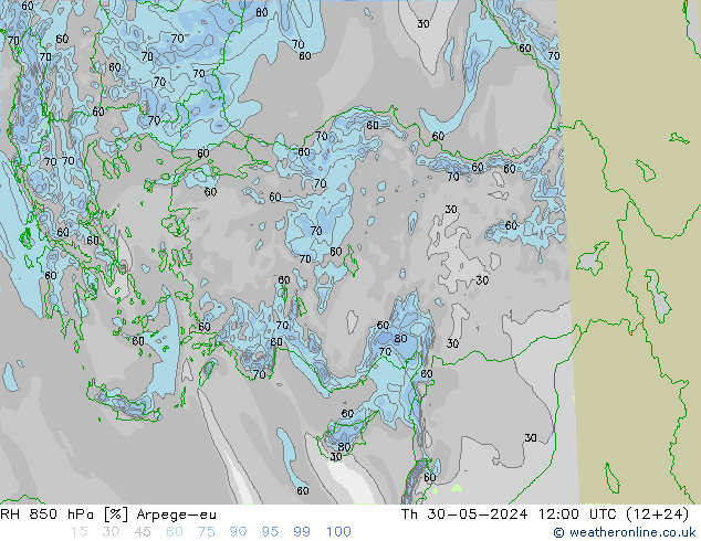 RH 850 гПа Arpege-eu чт 30.05.2024 12 UTC