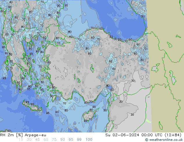 Humidité rel. 2m Arpege-eu dim 02.06.2024 00 UTC