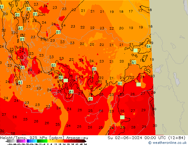 Géop./Temp. 925 hPa Arpege-eu dim 02.06.2024 00 UTC