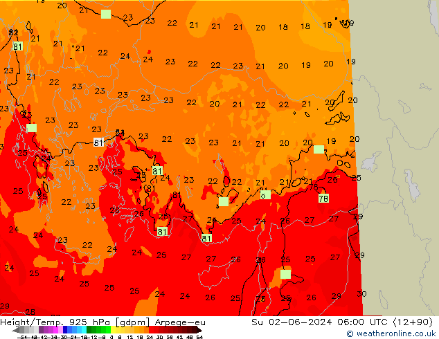 Height/Temp. 925 hPa Arpege-eu So 02.06.2024 06 UTC