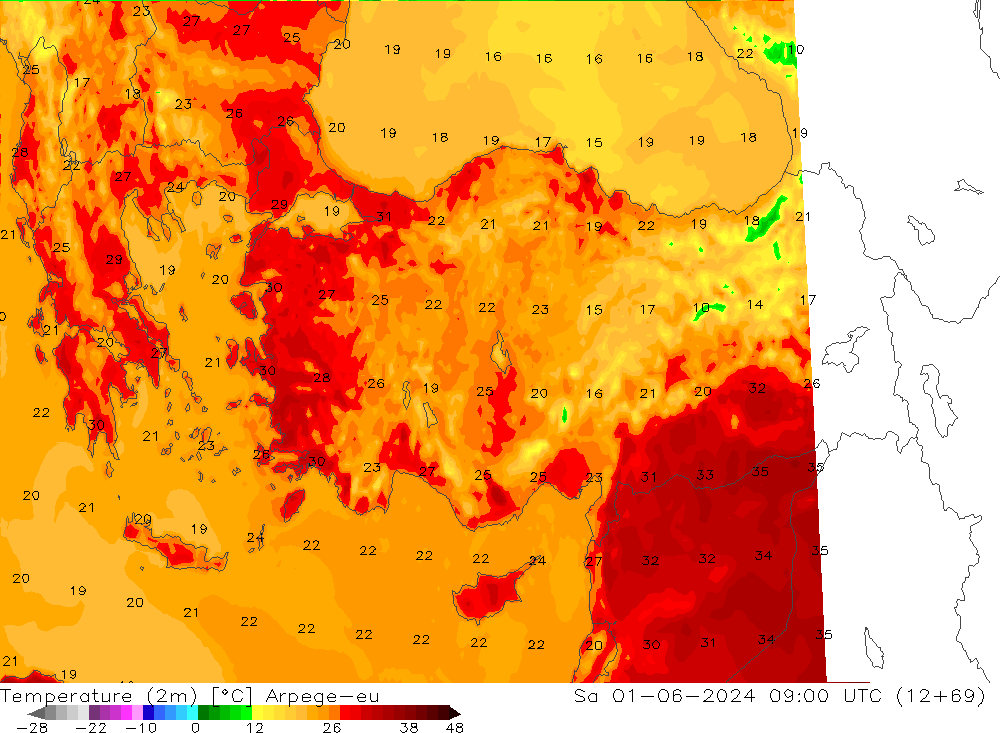 Temperature (2m) Arpege-eu Sa 01.06.2024 09 UTC