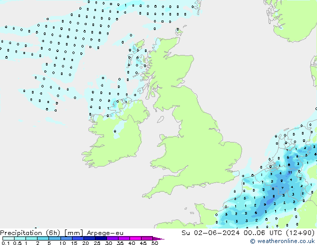 Precipitation (6h) Arpege-eu Su 02.06.2024 06 UTC