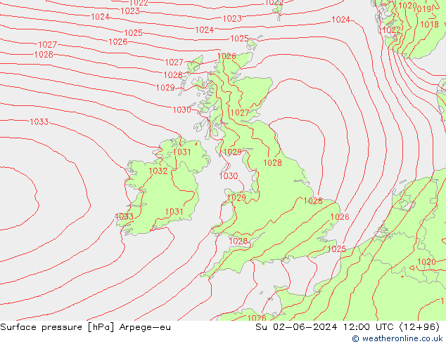 Pressione al suolo Arpege-eu dom 02.06.2024 12 UTC