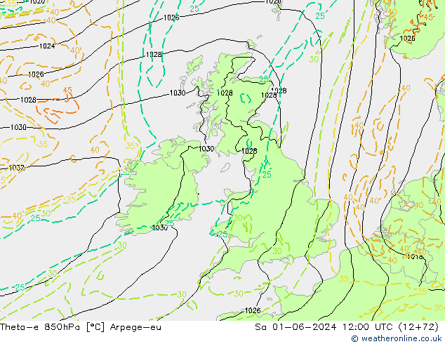 Theta-e 850hPa Arpege-eu Sa 01.06.2024 12 UTC