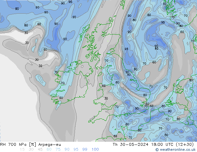 RH 700 hPa Arpege-eu Th 30.05.2024 18 UTC