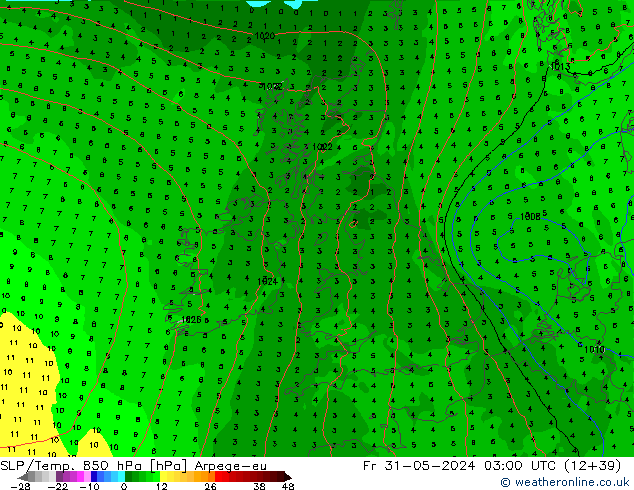 SLP/Temp. 850 hPa Arpege-eu  31.05.2024 03 UTC