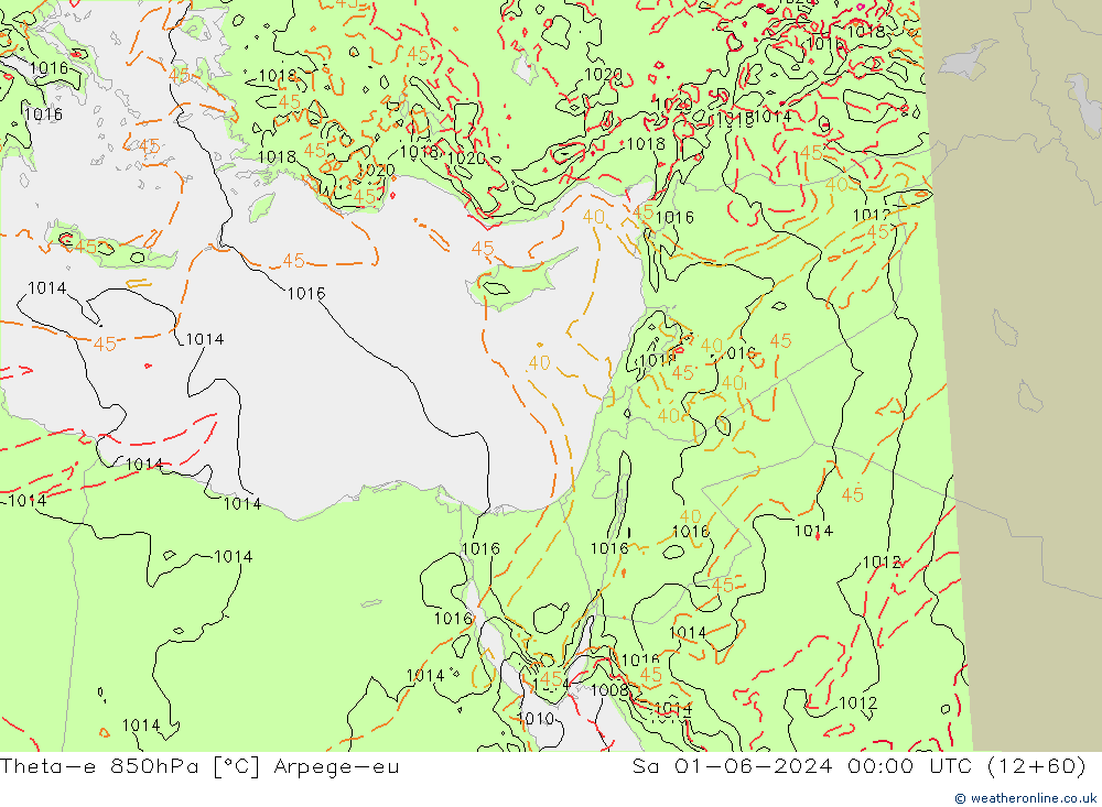 Theta-e 850hPa Arpege-eu sam 01.06.2024 00 UTC