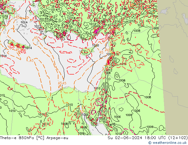 Theta-e 850hPa Arpege-eu Su 02.06.2024 18 UTC