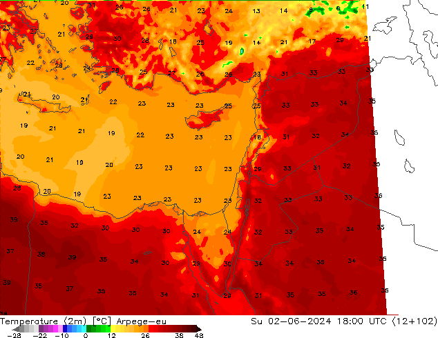 Temperatura (2m) Arpege-eu dom 02.06.2024 18 UTC