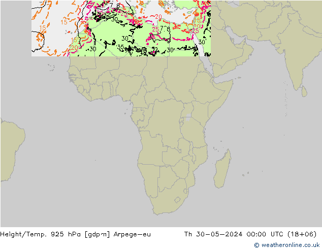 Geop./Temp. 925 hPa Arpege-eu jue 30.05.2024 00 UTC