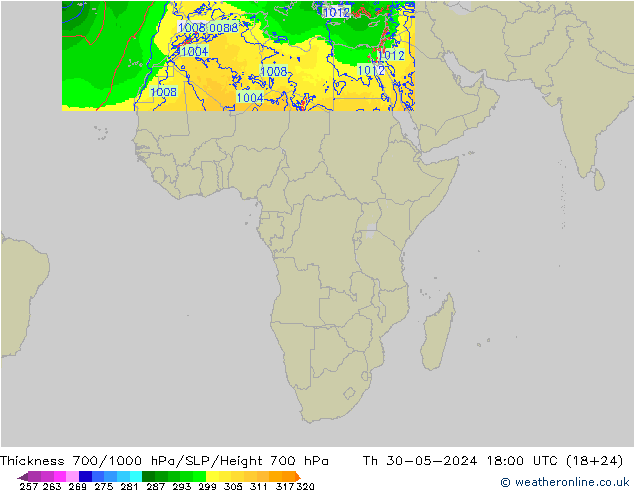 700-1000 hPa Kalınlığı Arpege-eu Per 30.05.2024 18 UTC