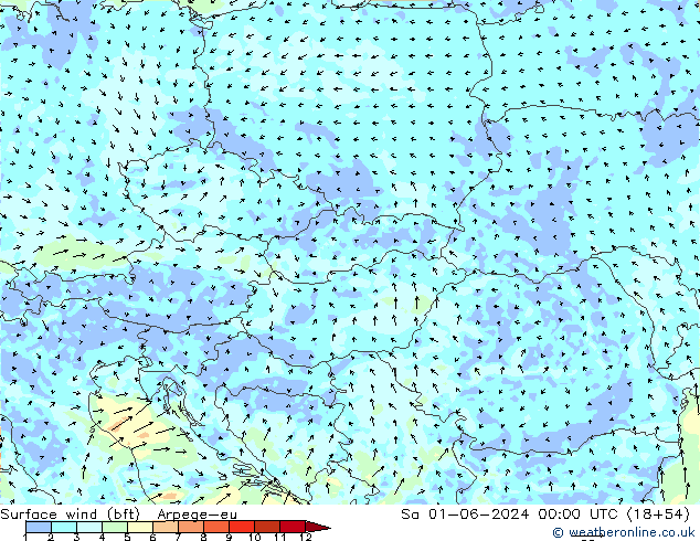 wiatr 10 m (bft) Arpege-eu so. 01.06.2024 00 UTC