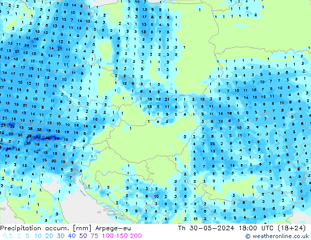 Precipitation accum. Arpege-eu czw. 30.05.2024 18 UTC