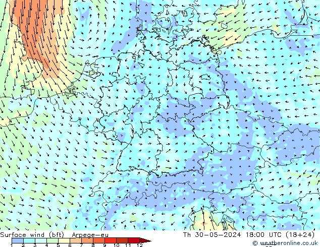 wiatr 10 m (bft) Arpege-eu czw. 30.05.2024 18 UTC