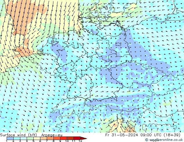 Surface wind (bft) Arpege-eu Pá 31.05.2024 09 UTC