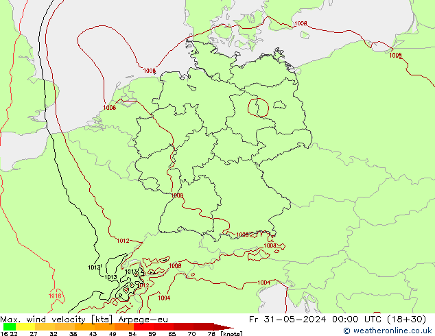 Max. wind snelheid Arpege-eu vr 31.05.2024 00 UTC