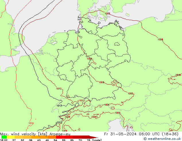 Max. wind velocity Arpege-eu  31.05.2024 06 UTC