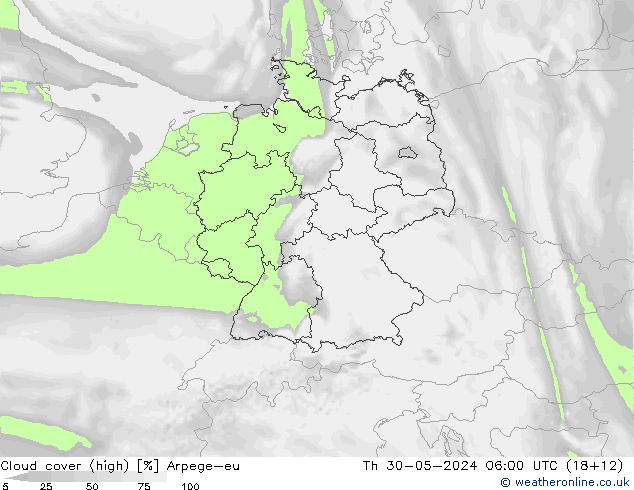 Cloud cover (high) Arpege-eu Th 30.05.2024 06 UTC