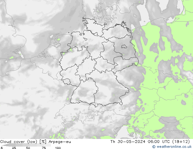 nízká oblaka Arpege-eu Čt 30.05.2024 06 UTC